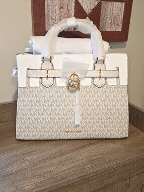 Michael Kors Beige and White Logo Satchel with Gold Hardware